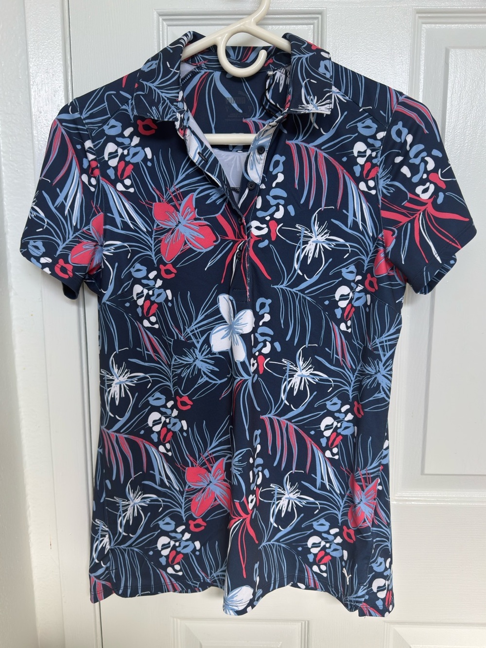 Navy Floral Short Sleeve Golf Shirt with Red & Light Blue Accents